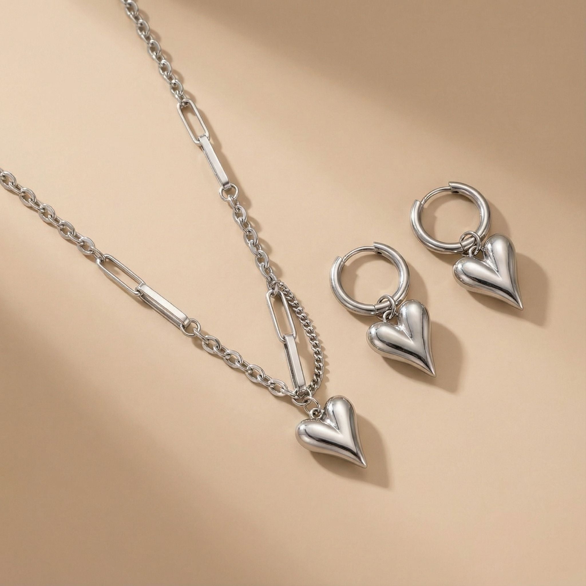 Silver Tone Heart Charm Premium Plated Necklace & Hoop Earrings