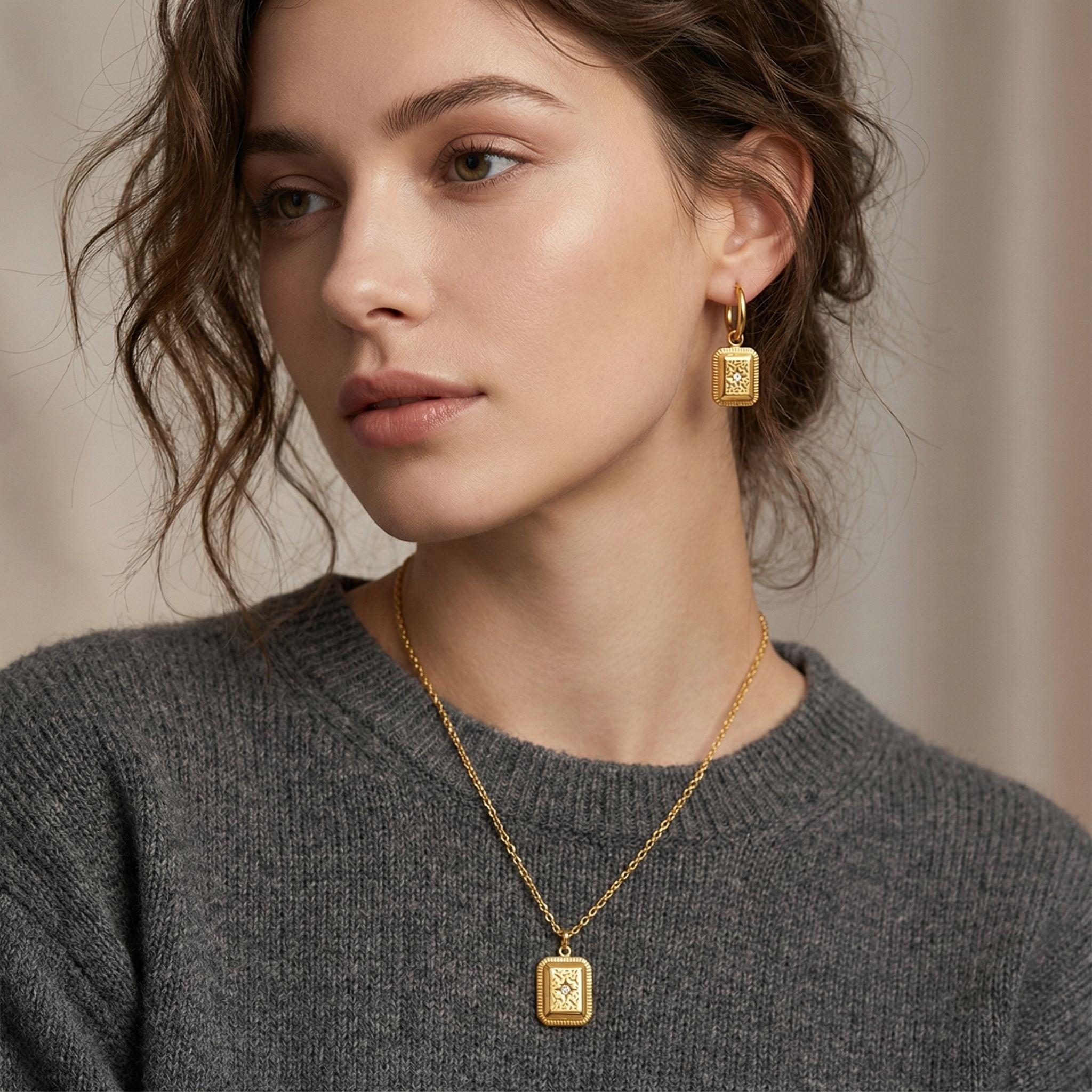 MYKI Textured Rectangle Motif Premium Plated Necklace & Hoop Earrings Set (mkps51)