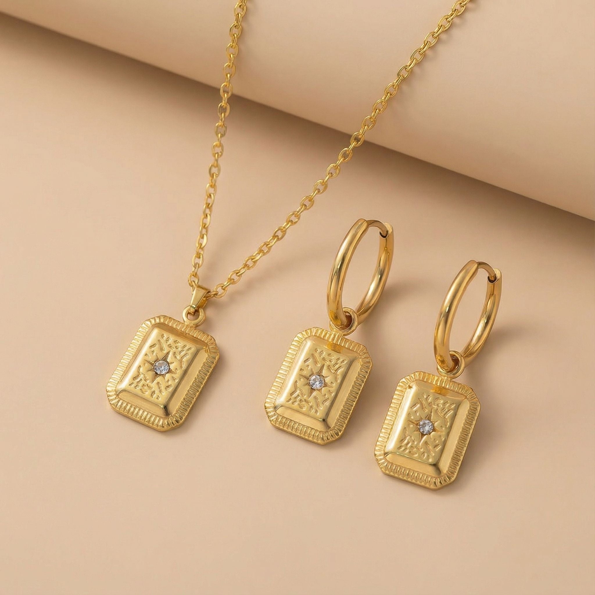 Textured Rectangle Motif Premium Plated Necklace & Hoop Earrings Set
