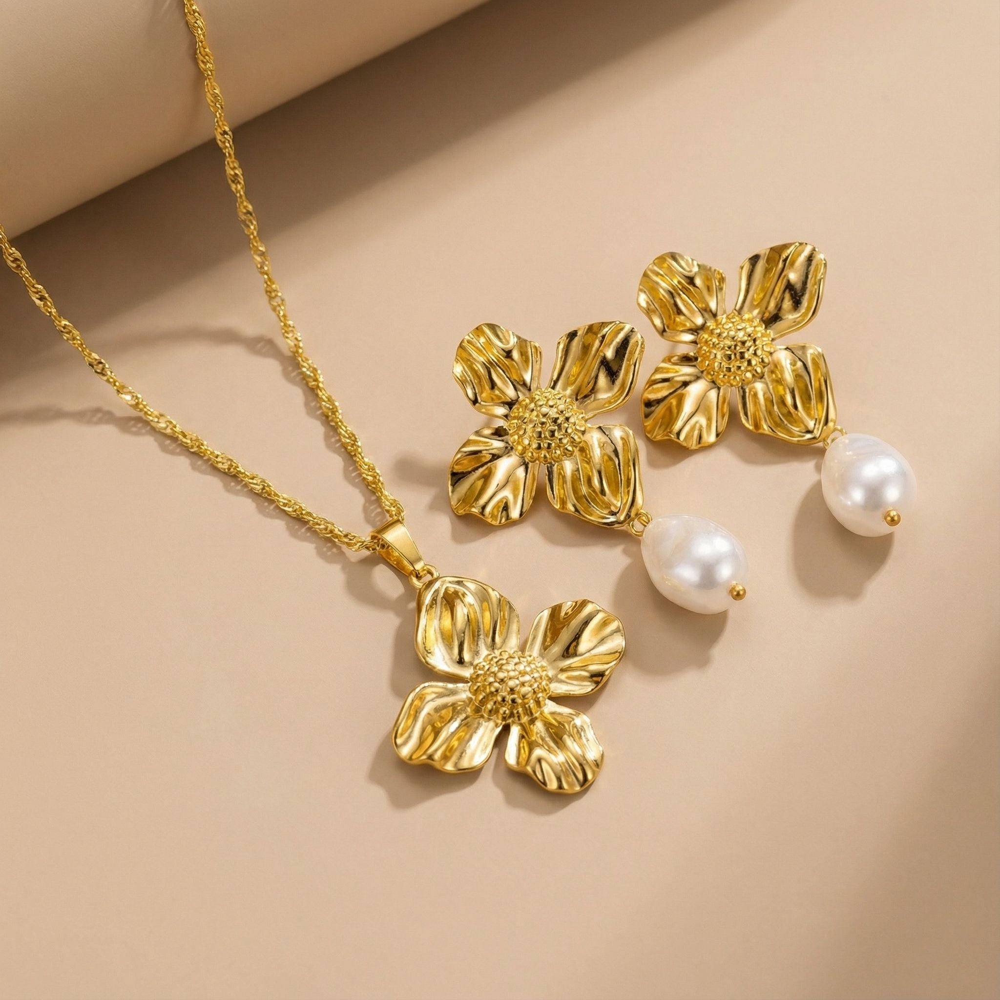 Floral Pearl Drop Premium Plated Necklace & Earrings Set