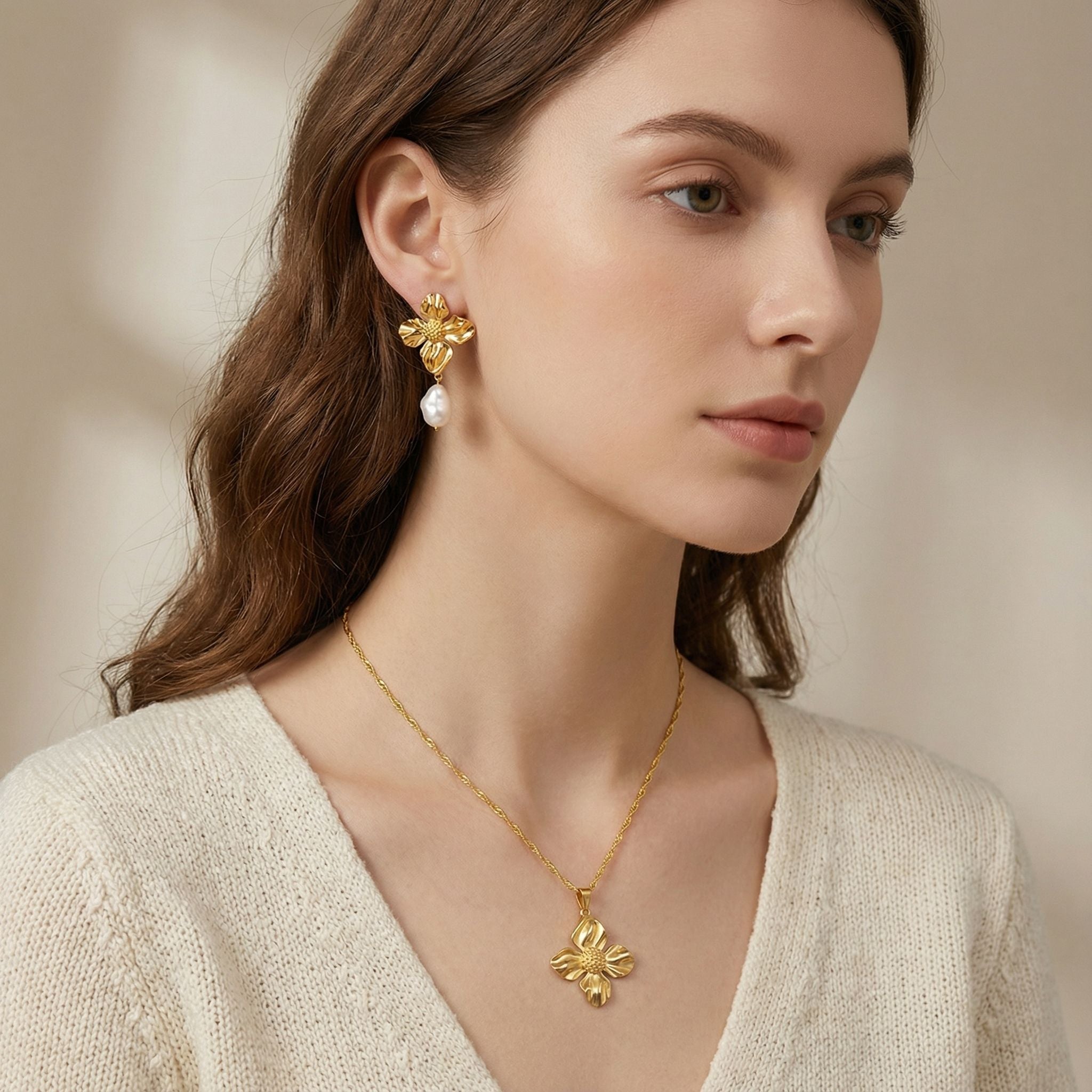 MYKI Floral Pearl Drop Premium Plated Necklace & Earrings Set (mkps53)