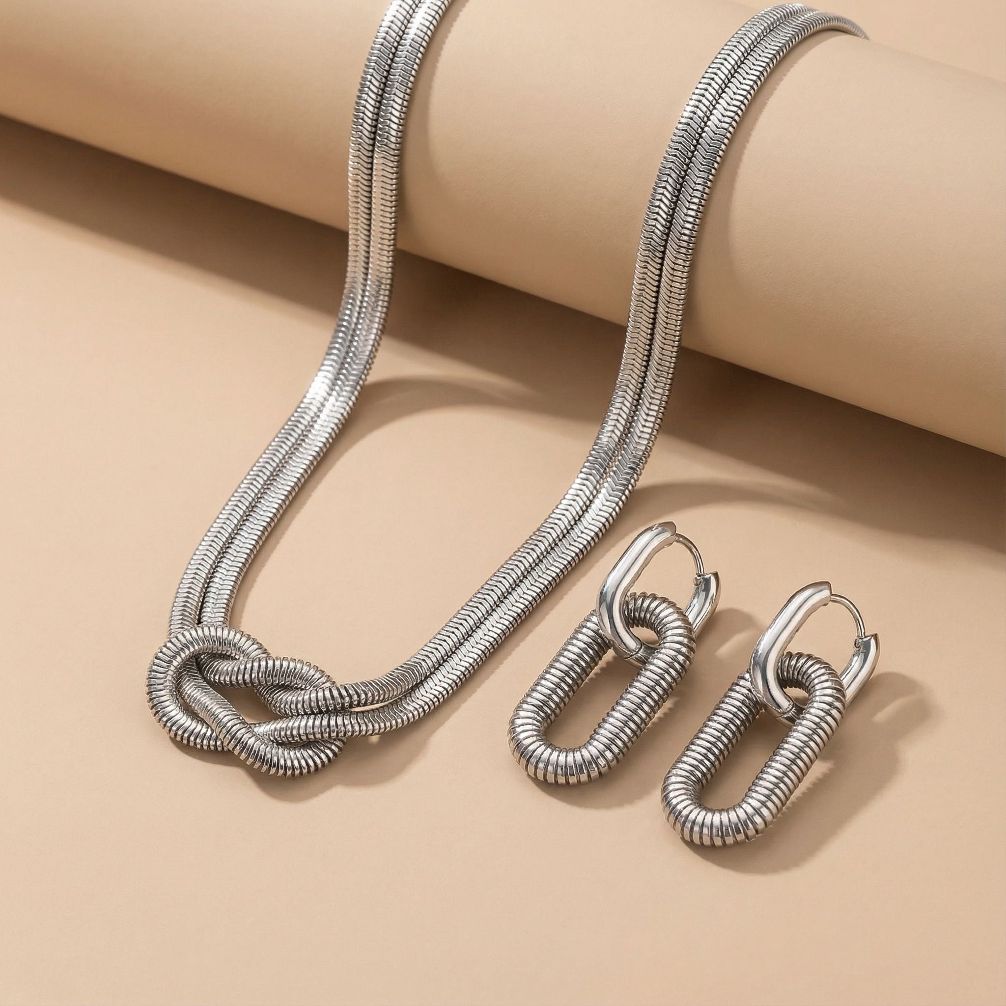 Silver Tone Rope Knot Premium Plated Necklace & Earrings