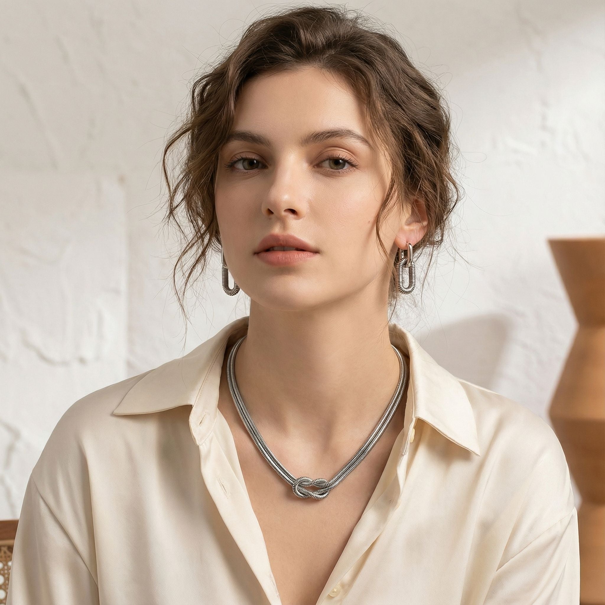 MYKI Silver Tone Rope Knot Premium Plated Necklace & Earrings (mkps54)