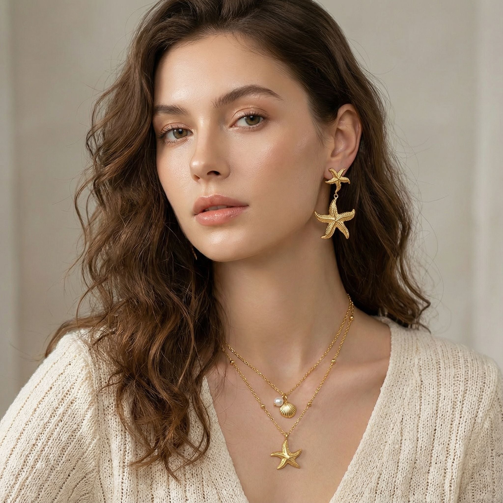 MYKI Starfish & Shell Ocean Theme Premium Plated Necklace & Earrings (mkps56)