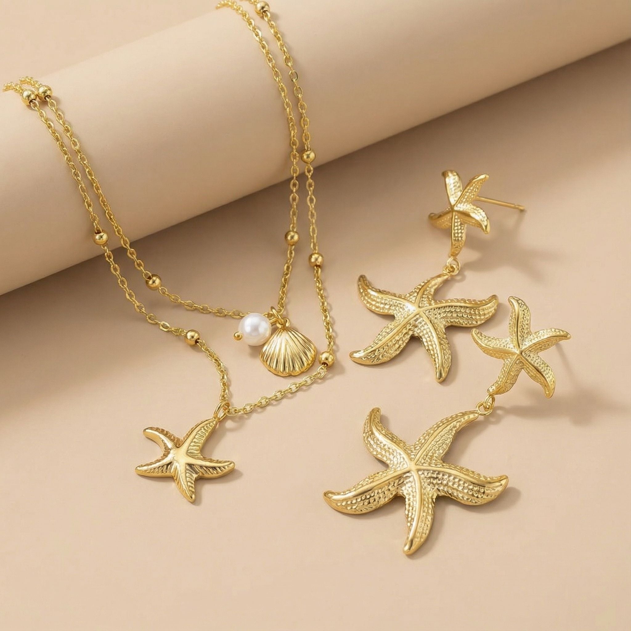 Starfish & Shell Ocean Theme Premium Plated Necklace & Earrings