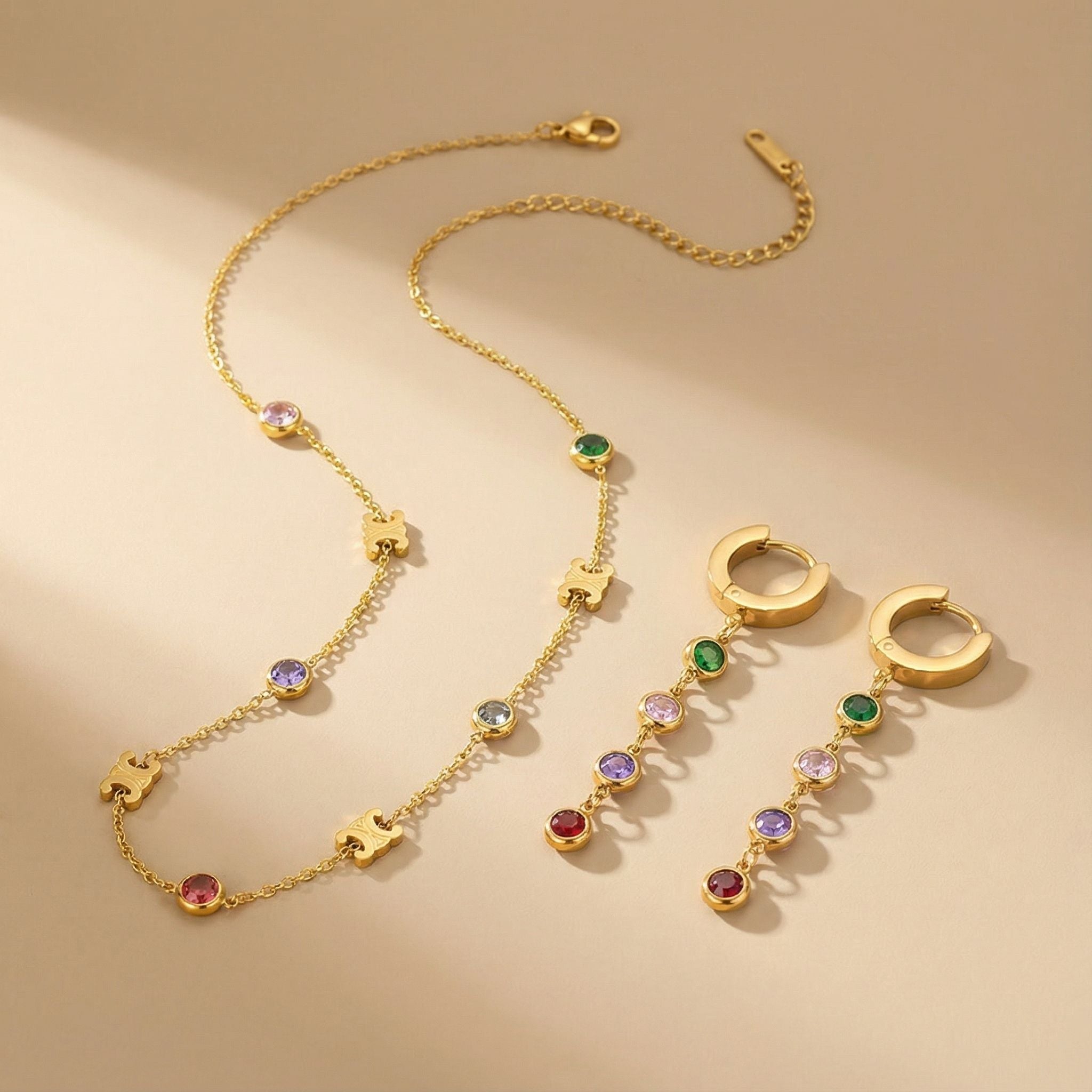 Multicolor Stone Chain Premium Plated Necklace & Drop Earrings