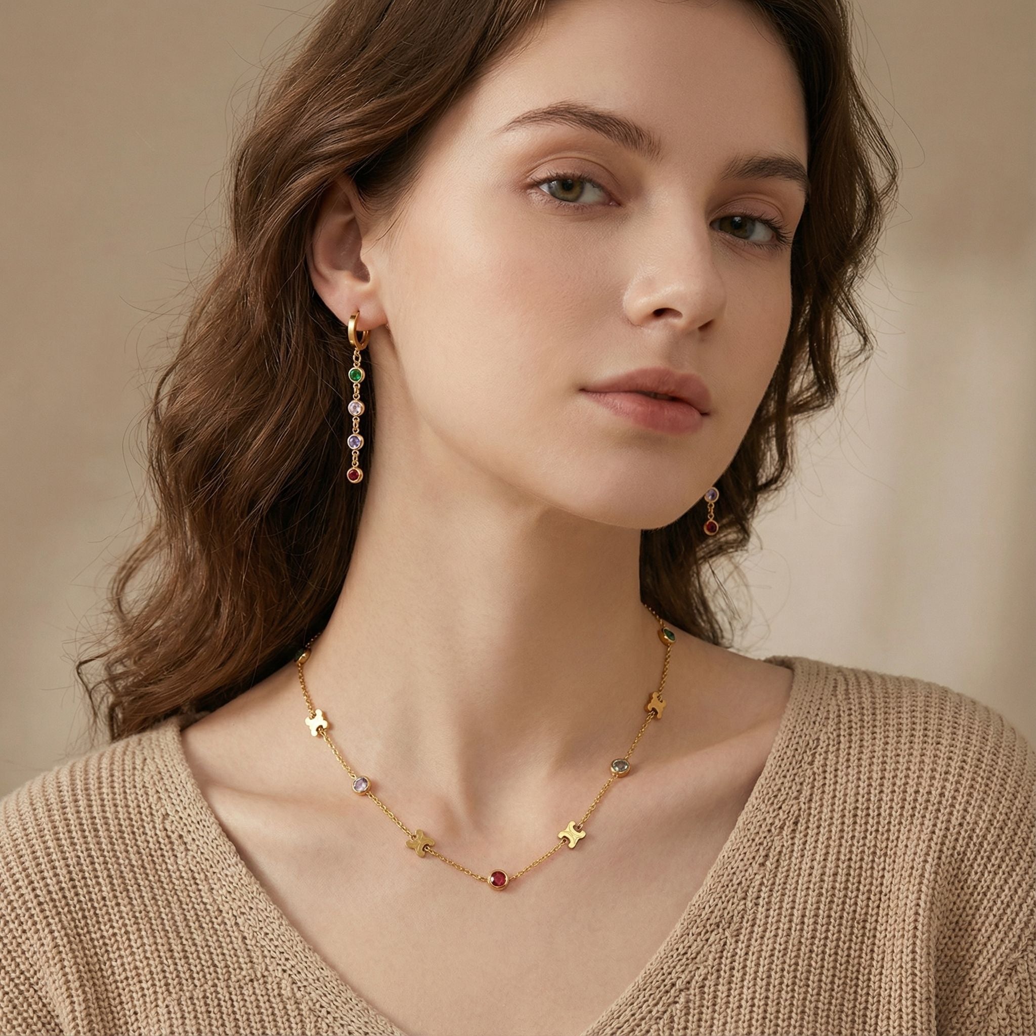 MYKI Multicolor Stone Chain Premium Plated Necklace & Drop Earrings (mkps57)