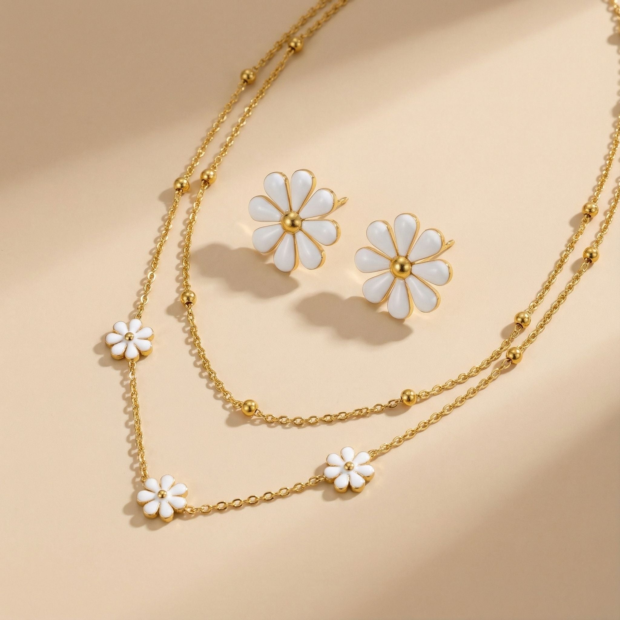 White Daisy Floral Premium Plated Necklace & Stud Earrings