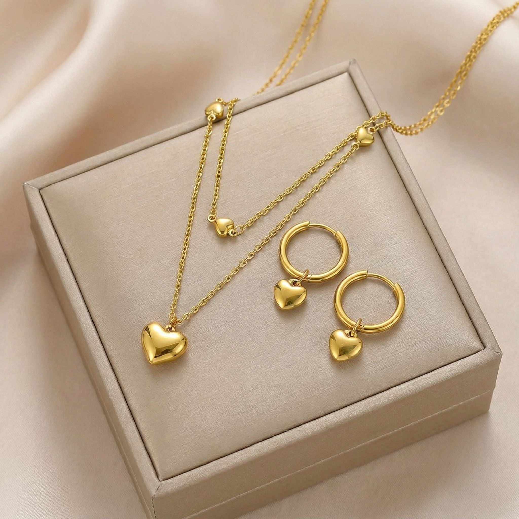 Heart Charm Minimal Premium Plated Necklace & Hoop Earrings Set