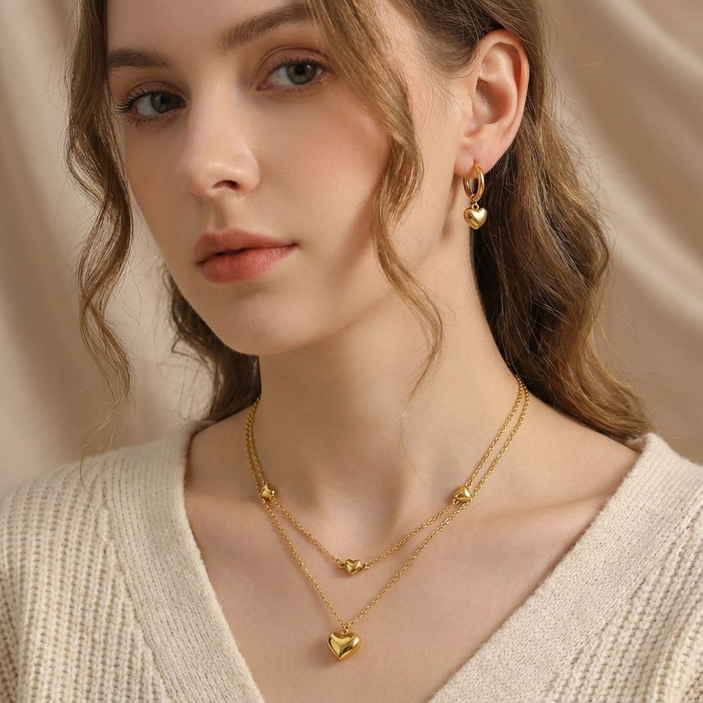 MYKI Heart Charm Minimal Premium Plated Necklace & Hoop Earrings Set (mkps59)