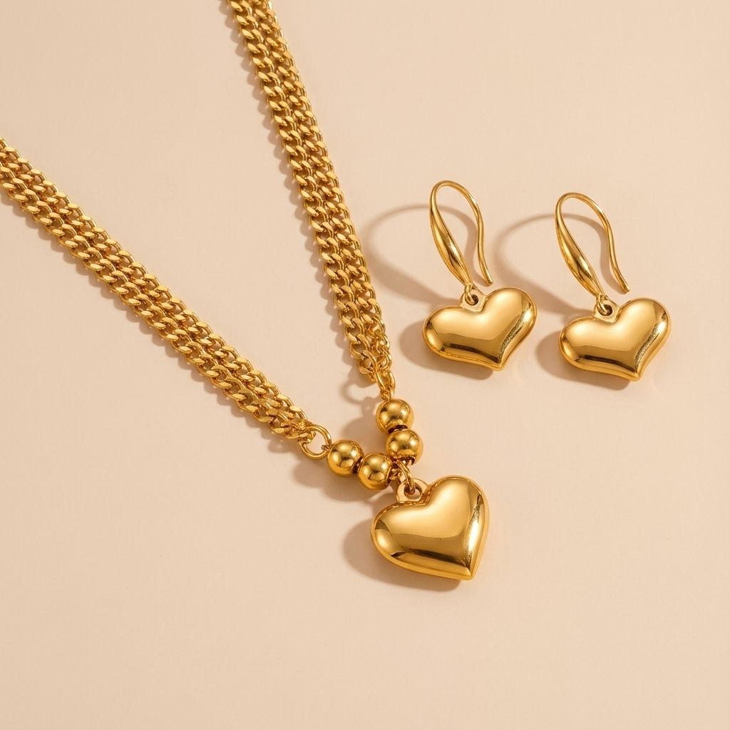 Heart Charm Cuban Chain Premium Plated Necklace & Hook Earrings Set
