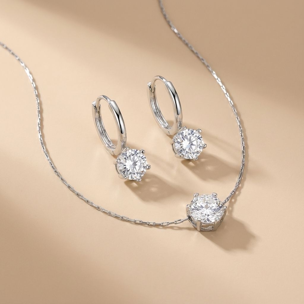 Round Solitaire Stone Premium Plated Necklace & Hoop Earrings Set