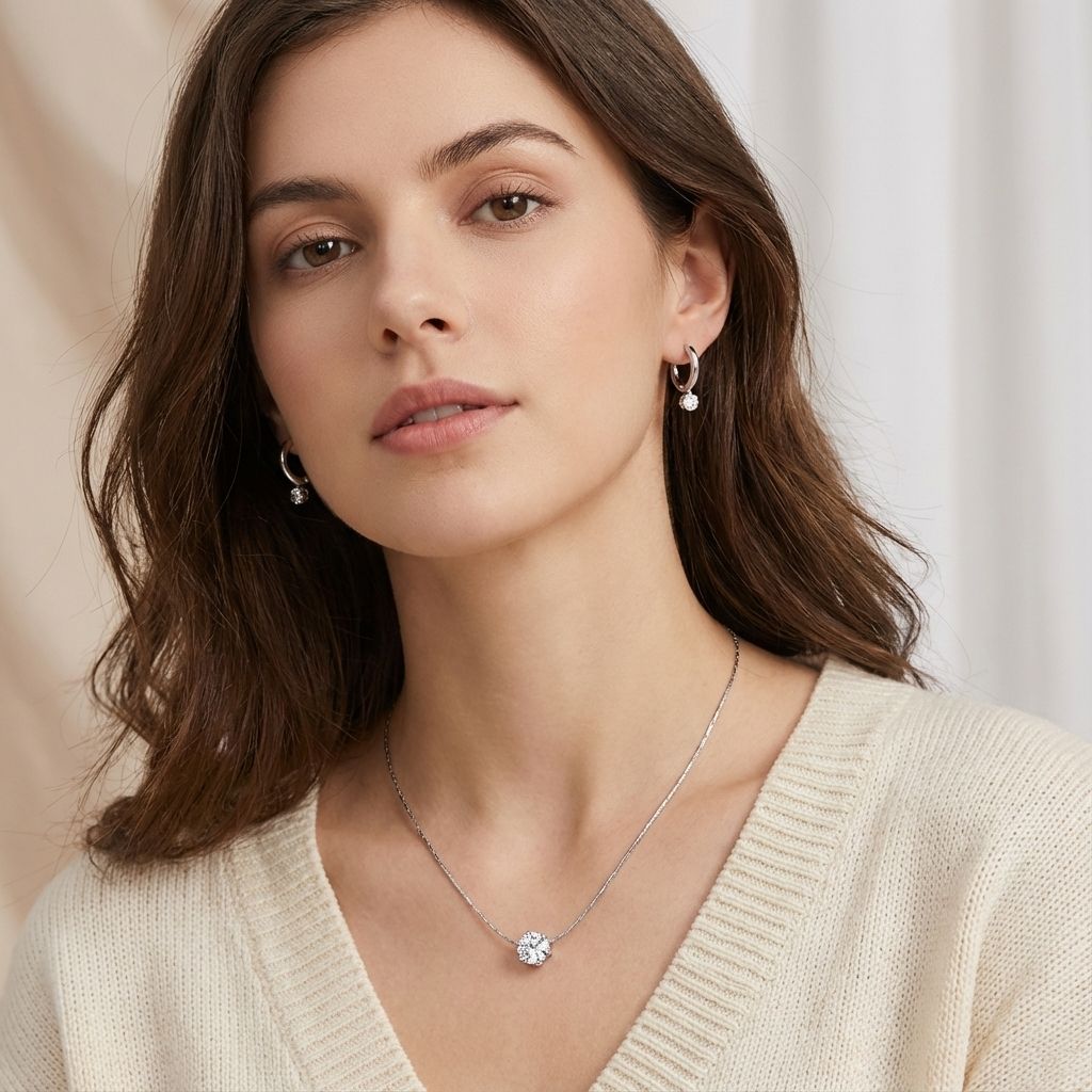 MYKI Round Solitaire Stone Premium Plated Necklace & Hoop Earrings Set (mkps62)
