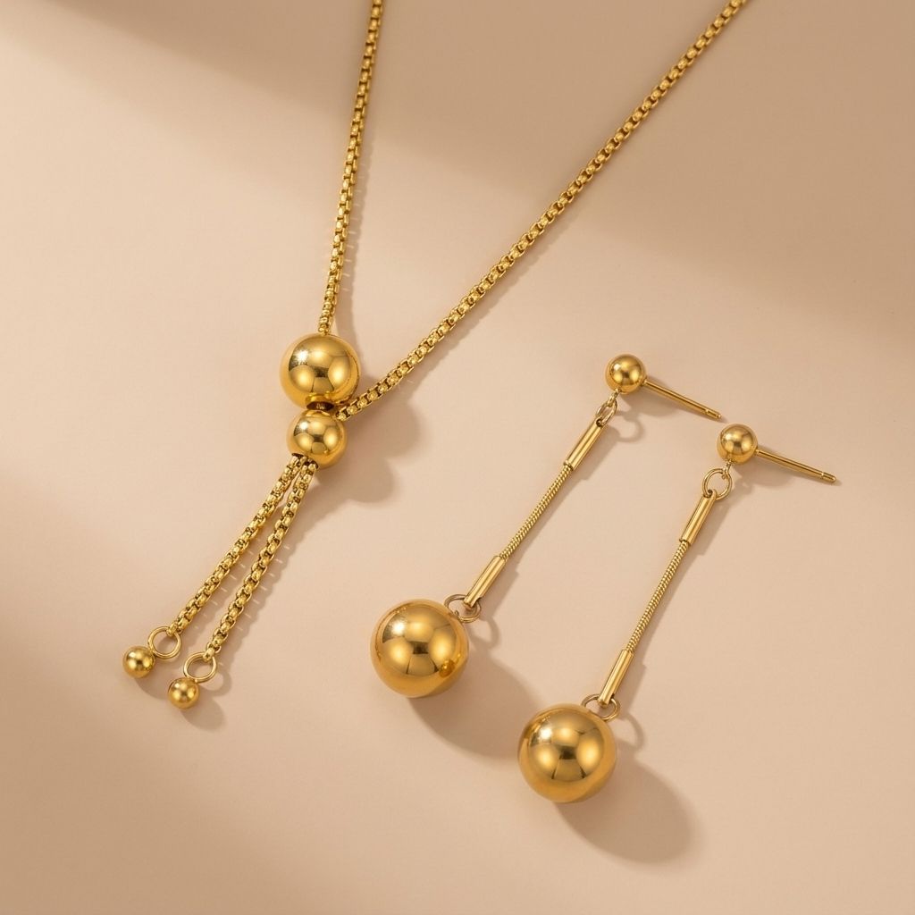 Minimal Ball Drop Premium Plated Necklace & Long Earrings Set