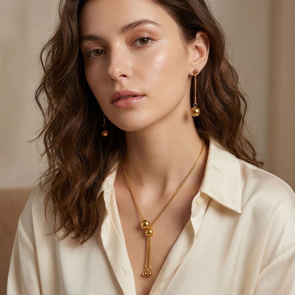 MYKI Minimal Ball Drop Premium Plated Necklace & Long Earrings Set (mkps64)