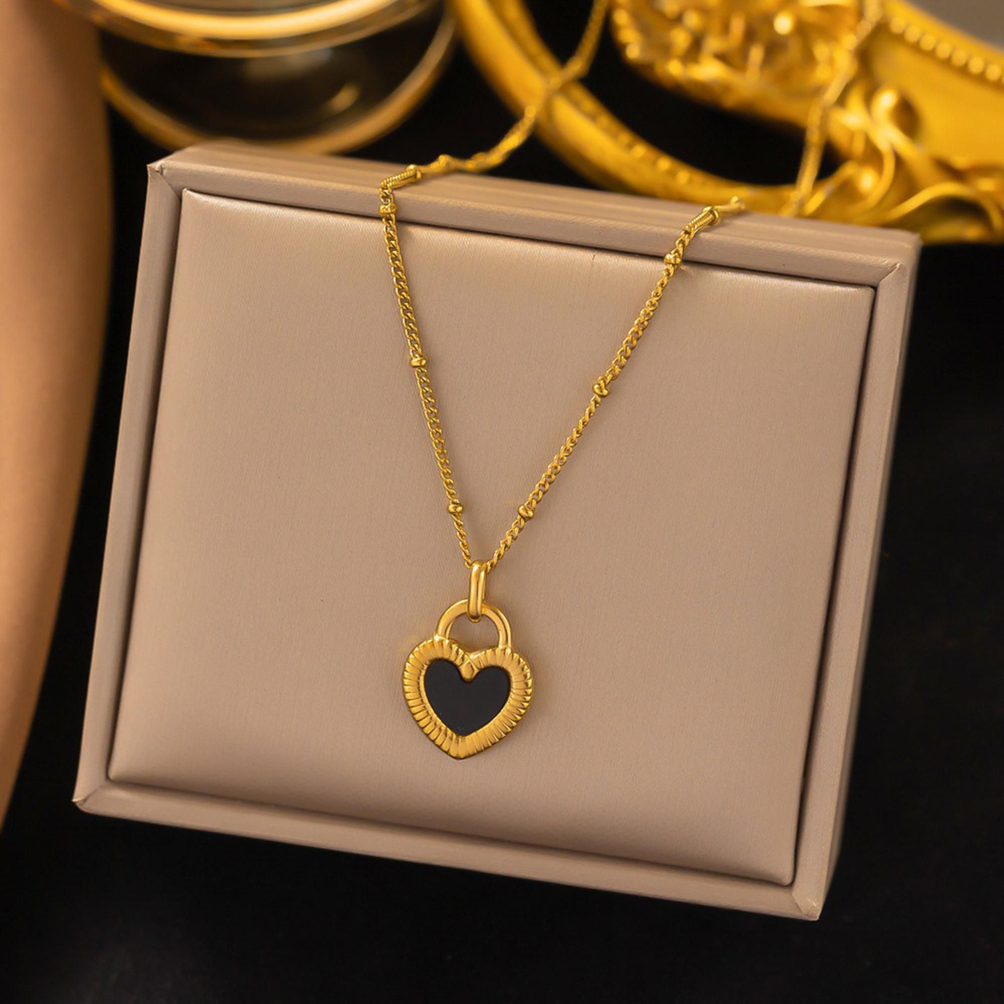 MYKI Black Enamel Heart Premium Plated Necklace & Hoop Earrings (mkps45)
