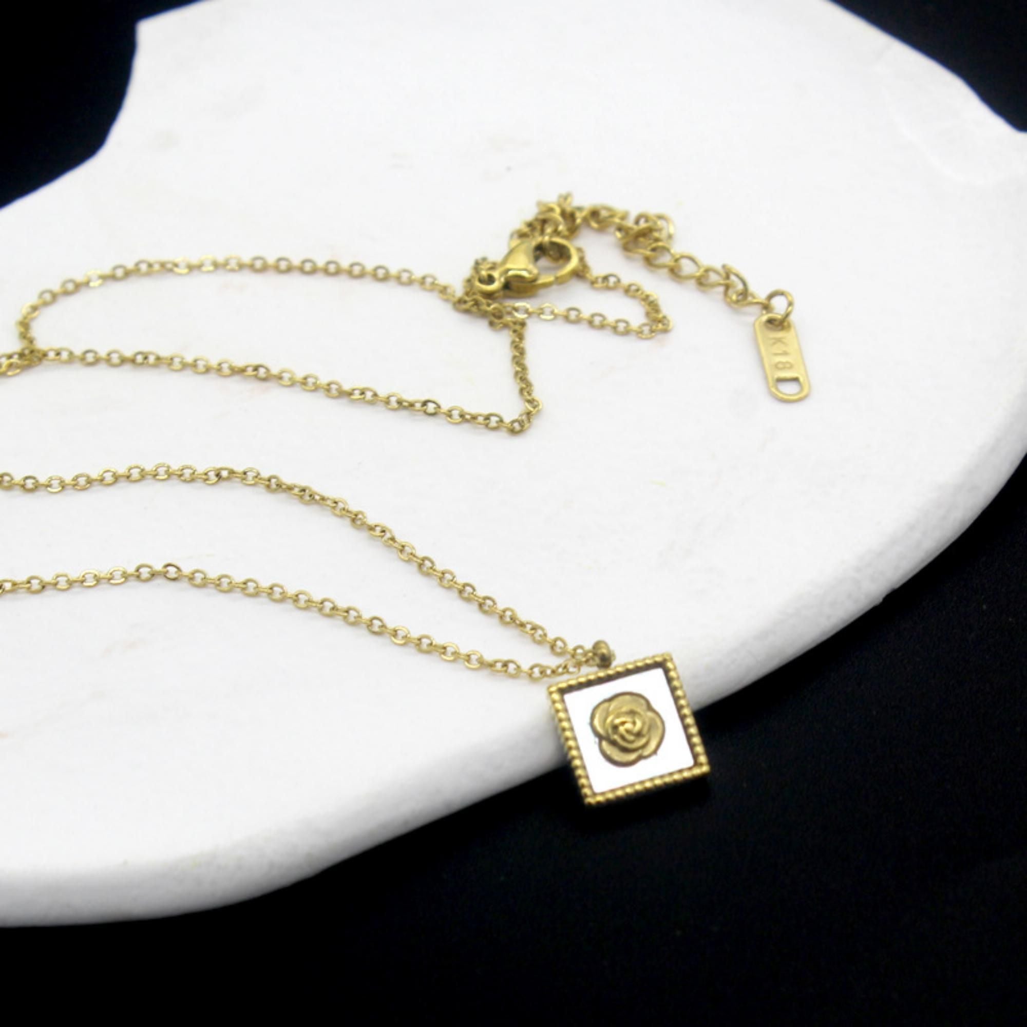 MYKI Square Rose Emblem Necklace – Anti Tarnish Gold Plated Floral Frame (MK844G-SSYI)