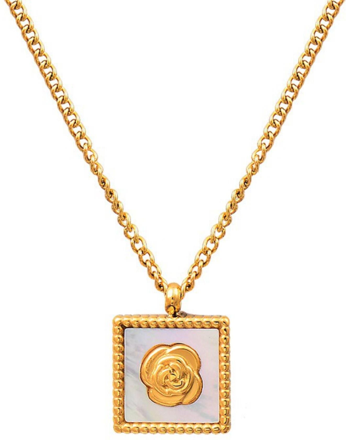 MYKI Square Rose Emblem Necklace – Anti Tarnish Gold Plated Floral Frame (MK844G-SSYI)