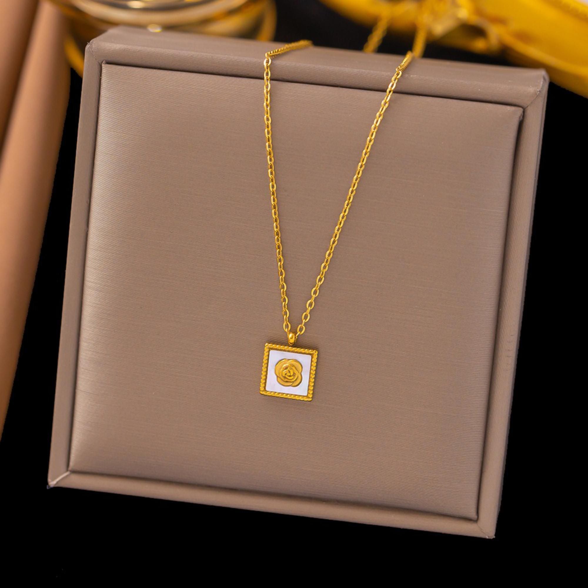 MYKI Square Rose Emblem Necklace – Anti Tarnish Gold Plated Floral Frame (MK844G-SSYI)