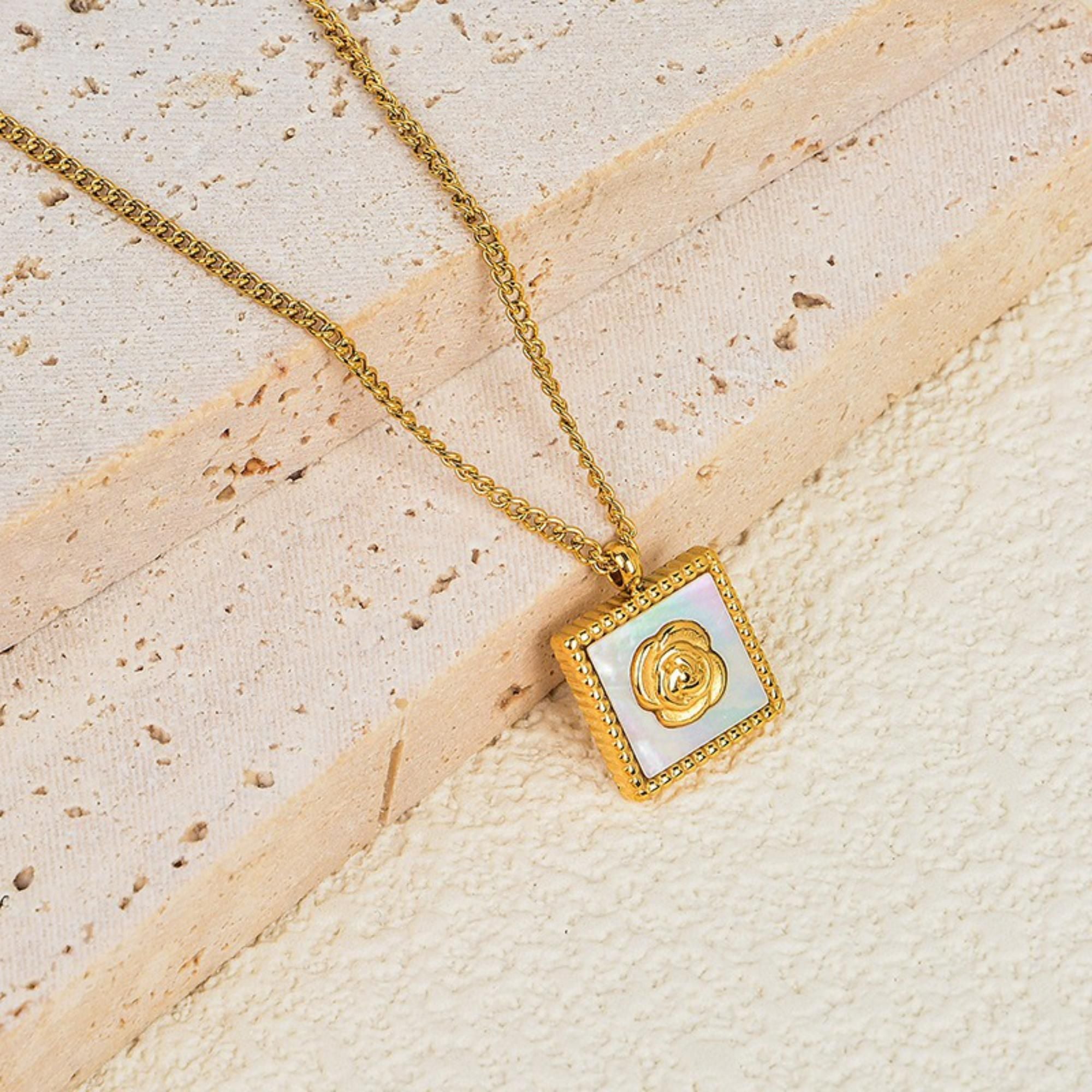 MYKI Square Rose Emblem Necklace – Anti Tarnish Gold Plated Floral Frame (MK844G-SSYI)