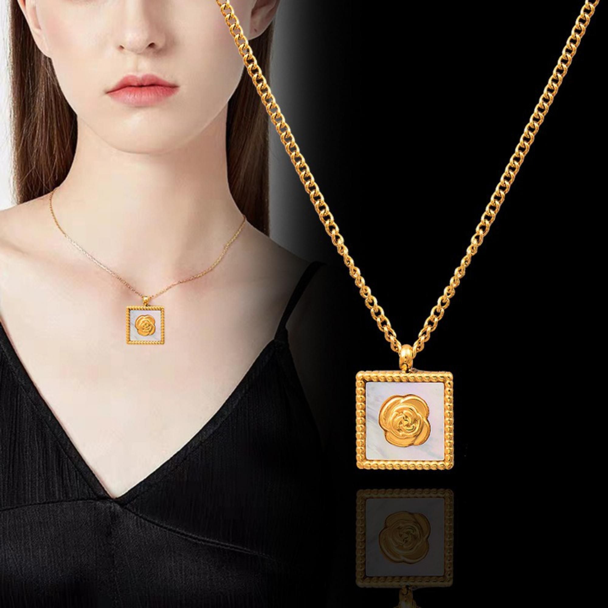 MYKI Square Rose Emblem Necklace – Anti Tarnish Gold Plated Floral Frame (MK844G-SSYI)