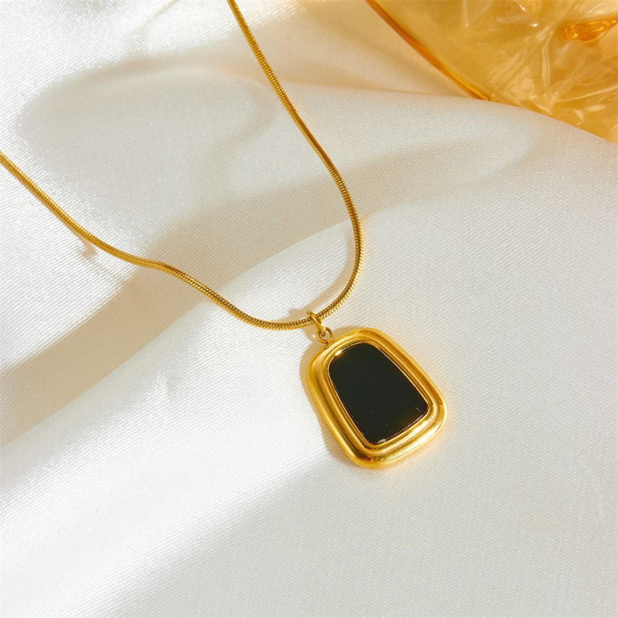 MYKI Rectangular Black Stone Premium Plated Necklace & Earrings (mkps12)