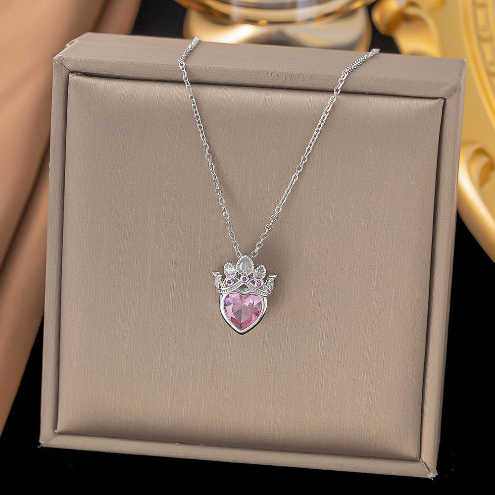 MYKI Crown Heart Pink Stone Pendant Necklace (MK878S-SSYI)