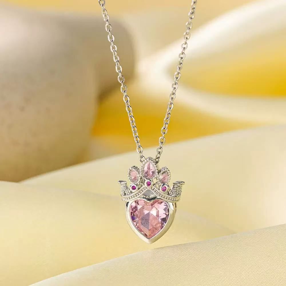 MYKI Crown Heart Pink Stone Pendant Necklace (MK878S-SSYI)