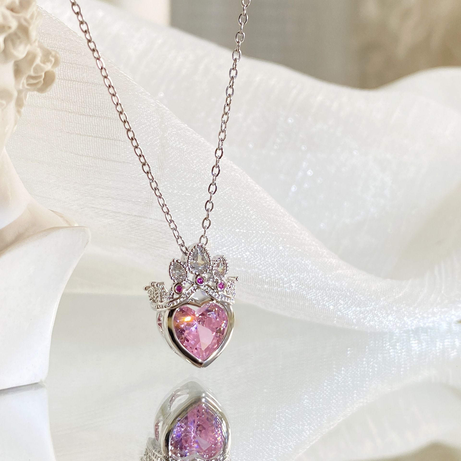MYKI Crown Heart Pink Stone Pendant Necklace (MK878S-SSYI)