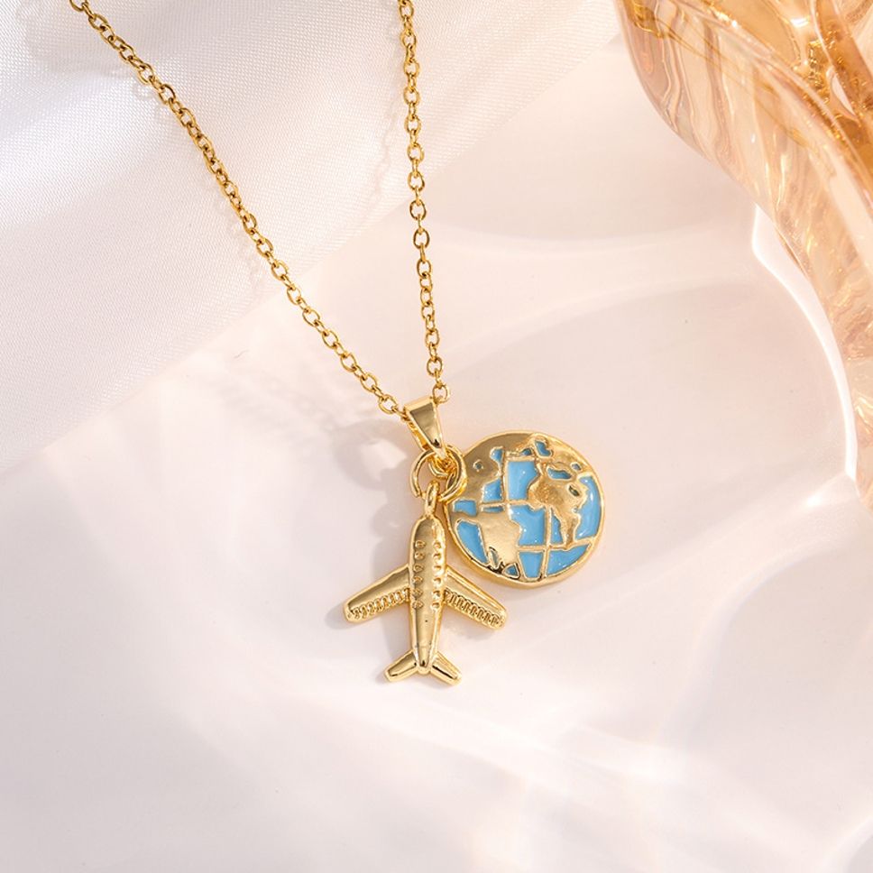 MYKI Gold-Plated Globe and Airplane Pendant Necklace (MK879G-SSYI)