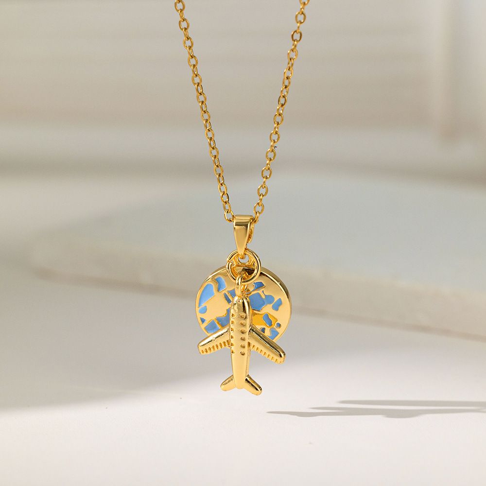 MYKI Gold-Plated Globe and Airplane Pendant Necklace (MK879G-SSYI)