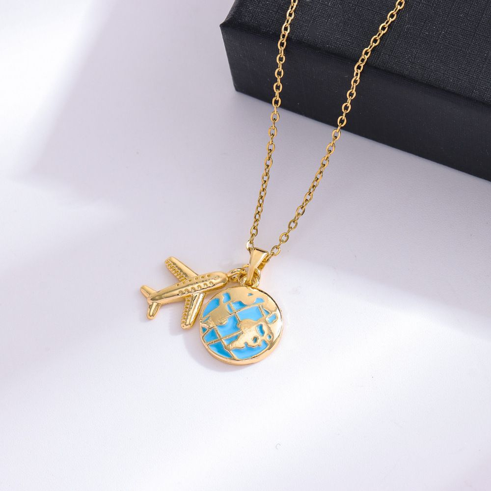 MYKI Gold-Plated Globe and Airplane Pendant Necklace (MK879G-SSYI)