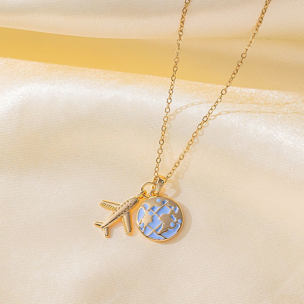 MYKI Gold-Plated Globe and Airplane Pendant Necklace (MK879G-SSYI)