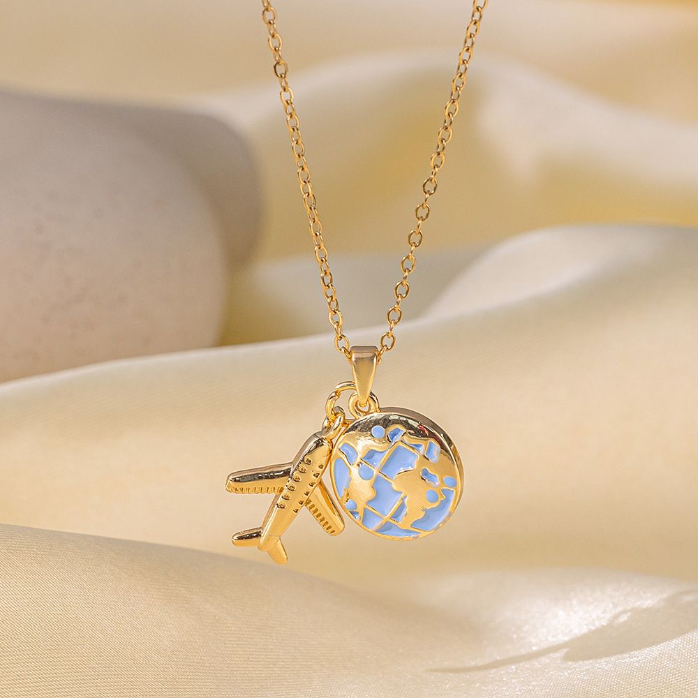 MYKI Gold-Plated Globe and Airplane Pendant Necklace (MK879G-SSYI)