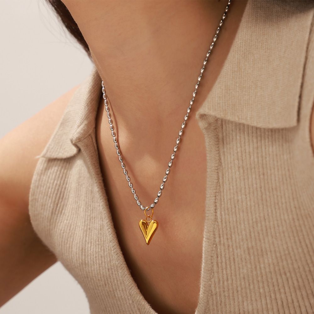MYKI Heart Pendant with Beaded Chain Necklace (MK885-SSYI)