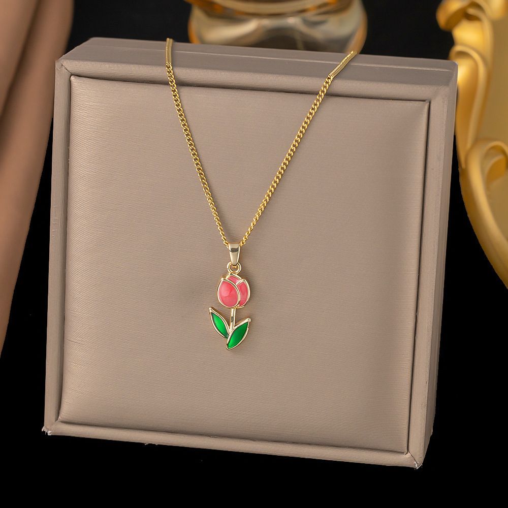 MYKI Anti-Tarnish Tulip Flower Pendant Necklace (MK922G-PINK-SSYI)