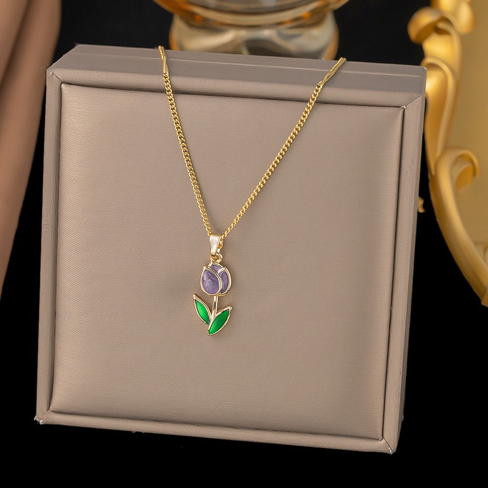 MYKI Anti-Tarnish Tulip Flower Pendant Necklace (MK922G-PURPLE-SSYI)