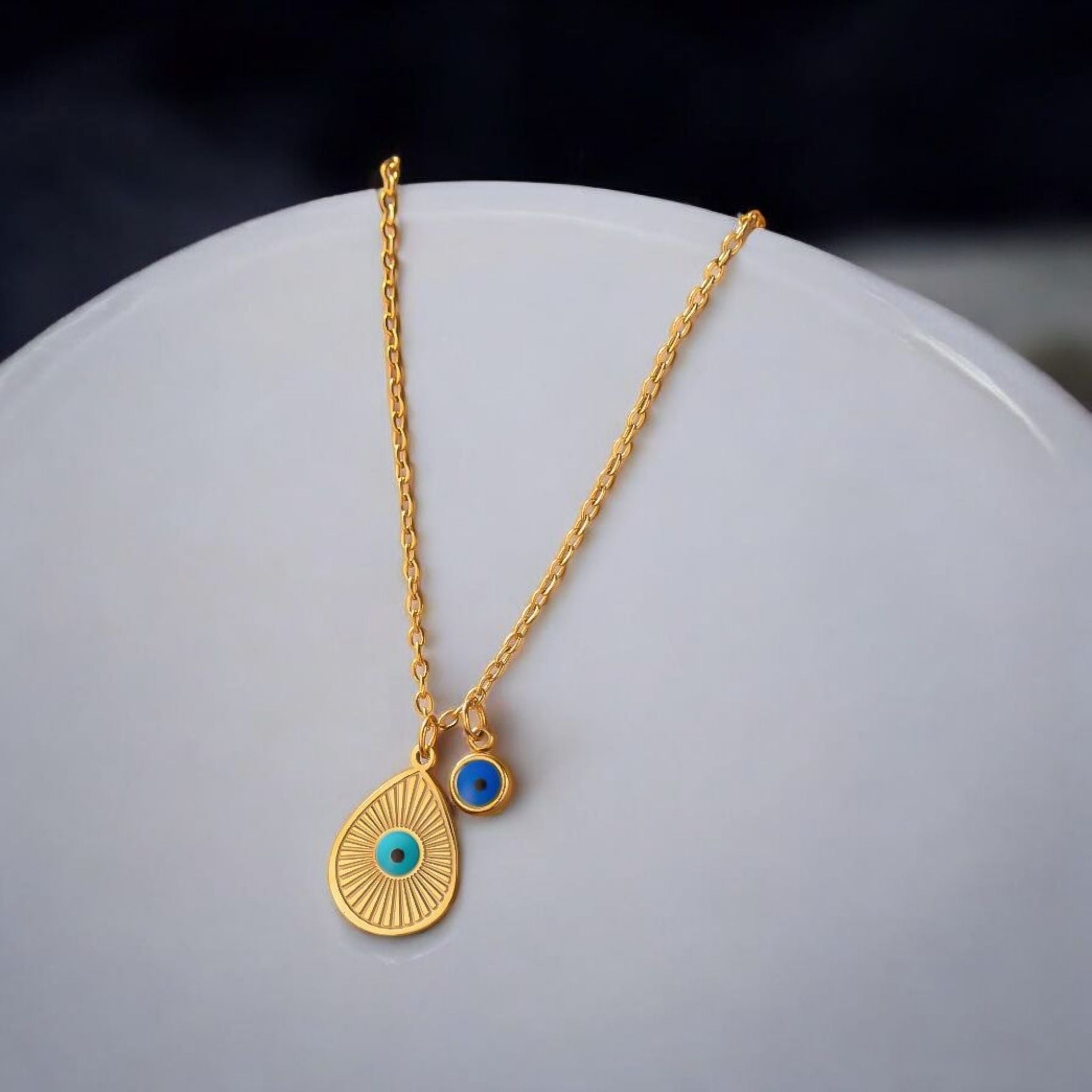 MYKI Anti-Tarnish Evil Eye Double Pendant Necklace (MK944G-SSYI)