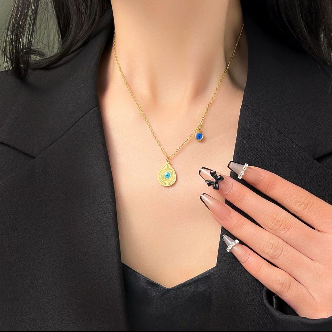 MYKI Anti-Tarnish Evil Eye Double Pendant Necklace (MK944G-SSYI)