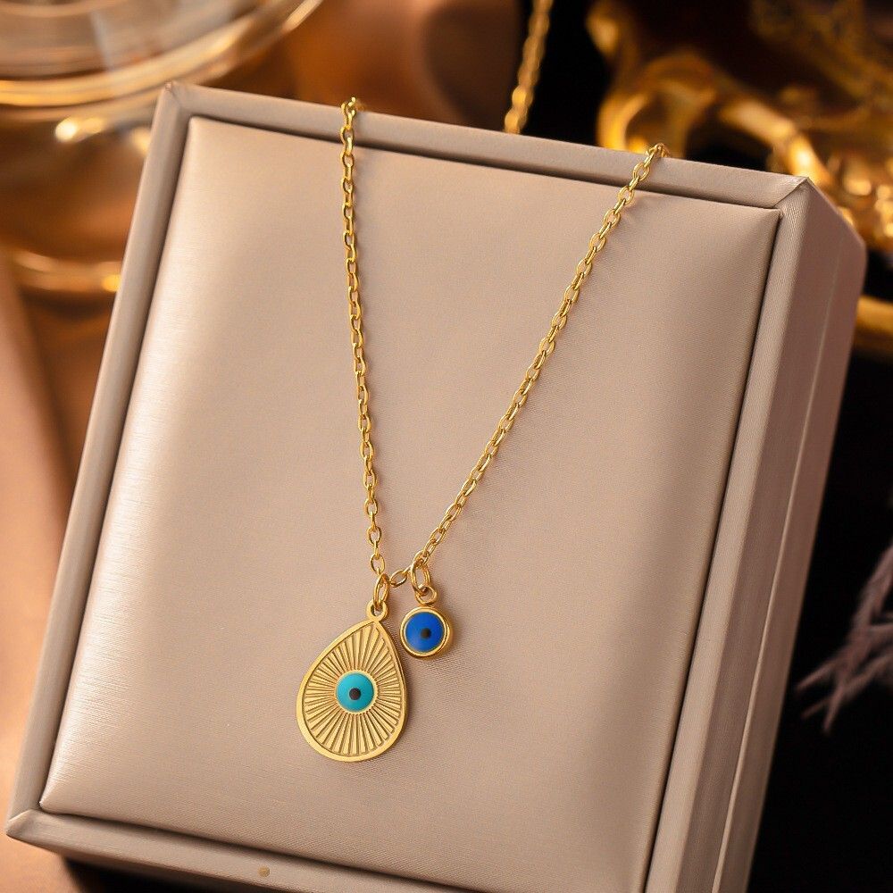 MYKI Anti-Tarnish Evil Eye Double Pendant Necklace (MK944G-SSYI)
