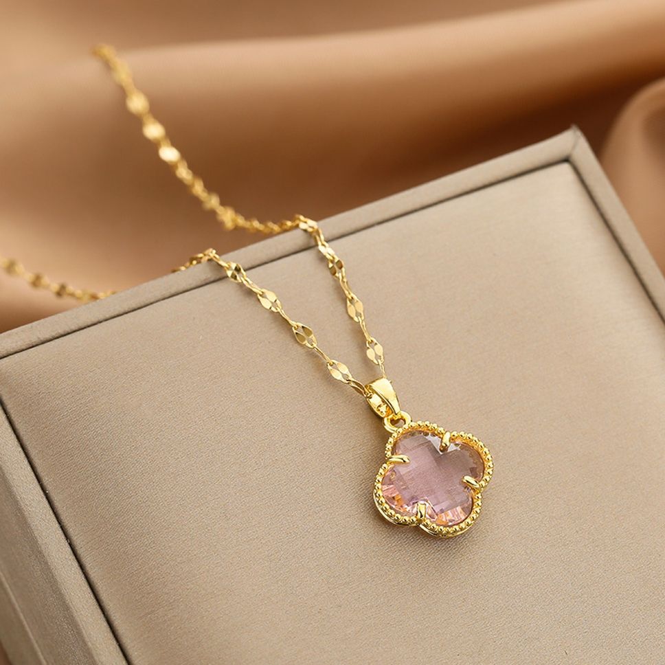 MYKI Anti-Tarnish Clover Pendant Necklace (MK966PINK-SSYI)