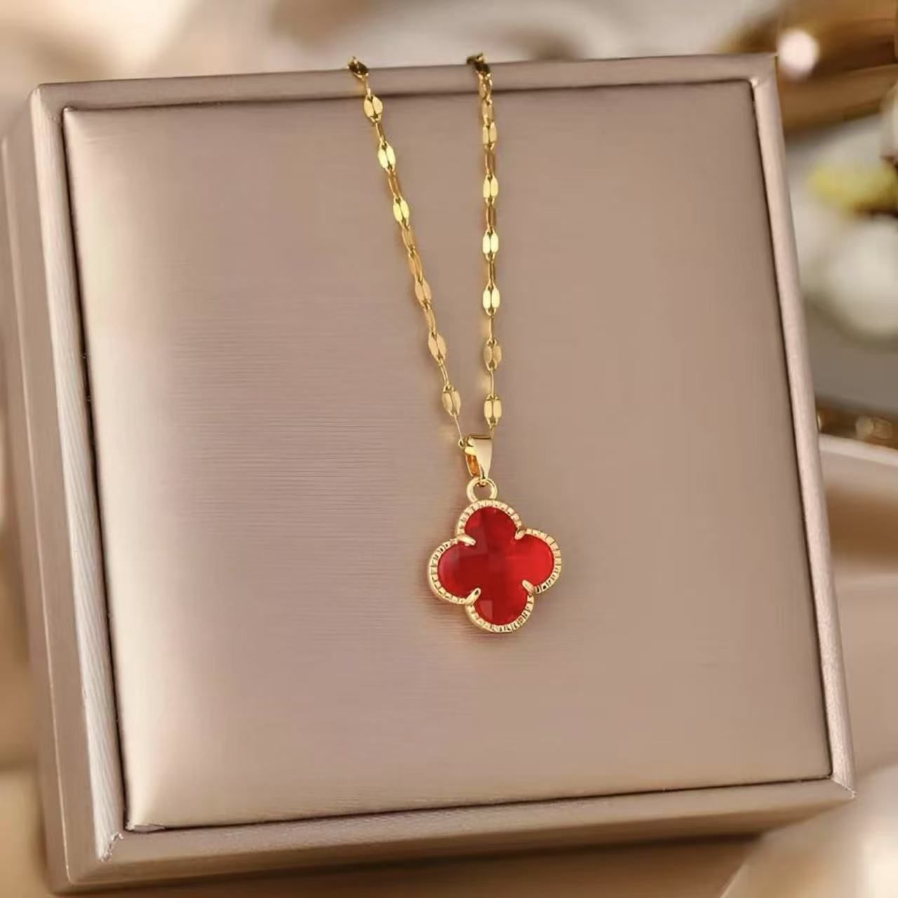MYKI Anti-Tarnish Clover Pendant Necklace (MK966RED-SSYI)