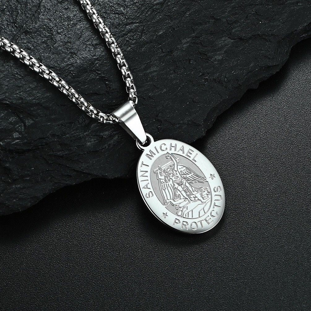 MYKI Anti-Tarnish Saint Michael Oval Pendant (MKMC114-MPC)