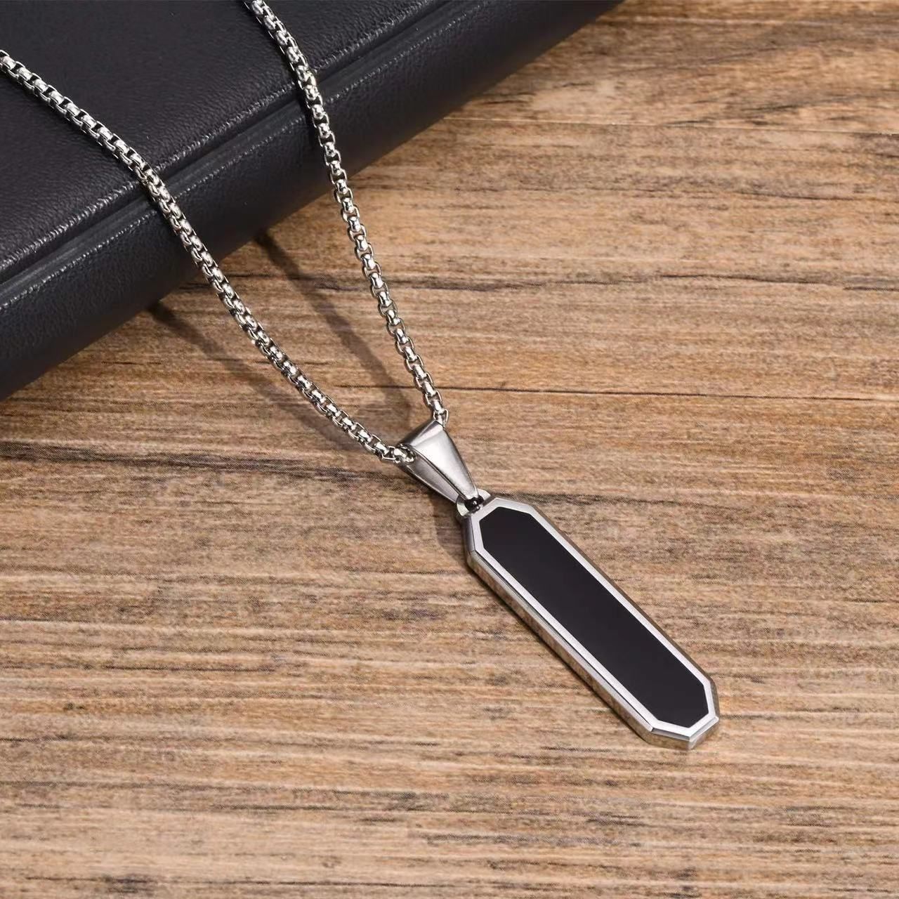 MYKI Anti-Tarnish Long Octagon Black Pendant Necklace (MKMC121S-MPC)