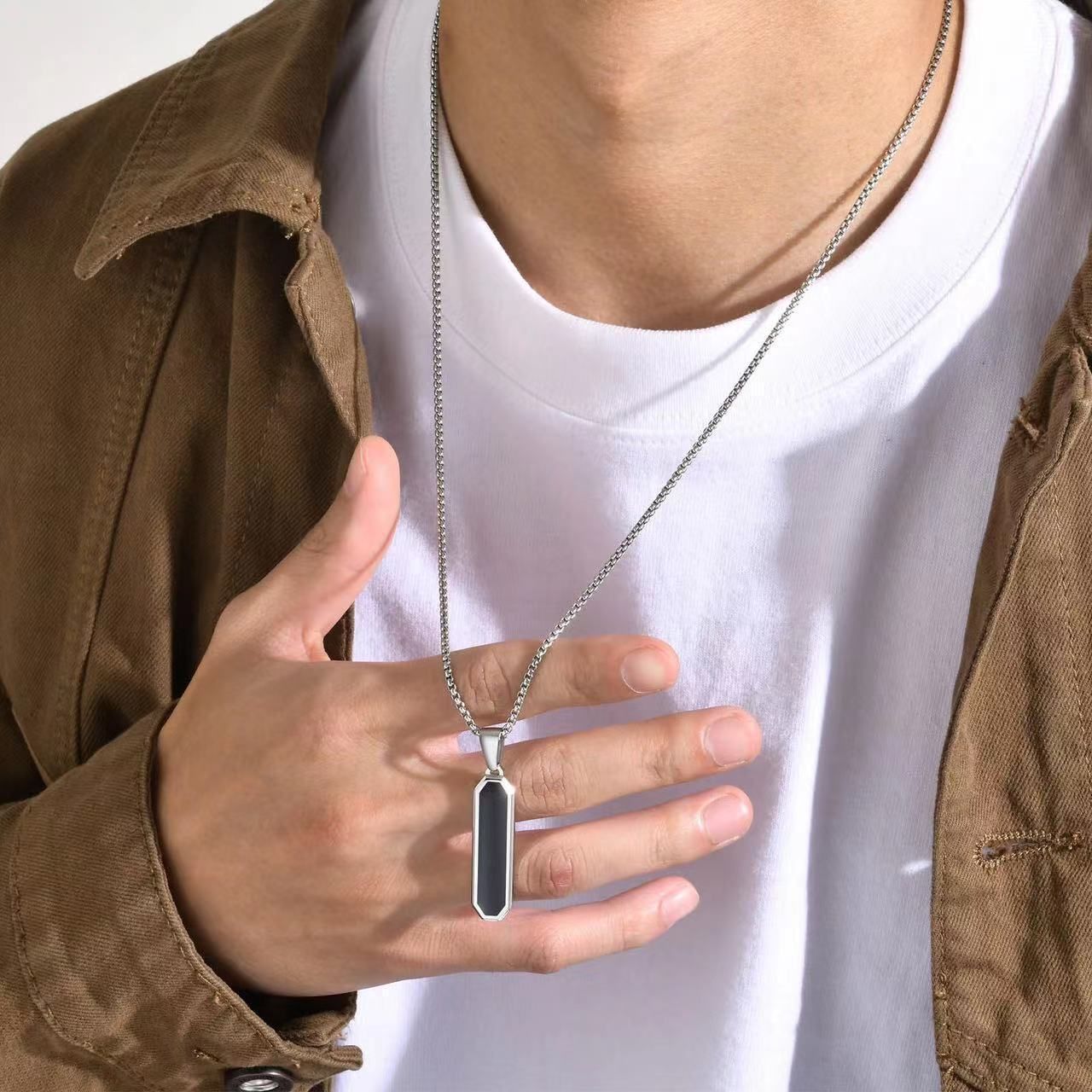 MYKI Anti-Tarnish Long Octagon Black Pendant Necklace (MKMC121S-MPC)