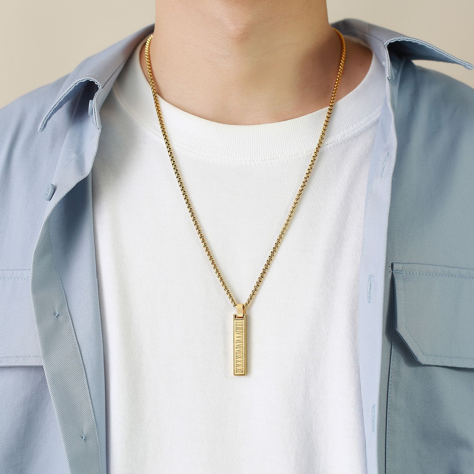 MYKI Anti-Tarnish Roman Numeral Bar Pendant Necklace (MKMC126-MPC)