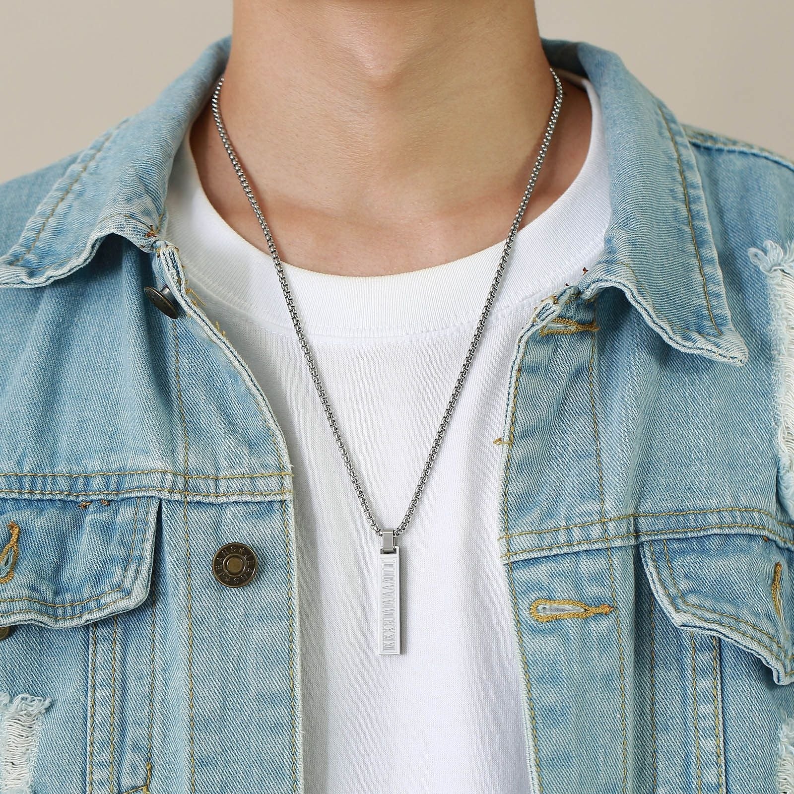MYKI Anti-Tarnish Roman Numeral Bar Pendant Necklace (MKMC126-MPC)