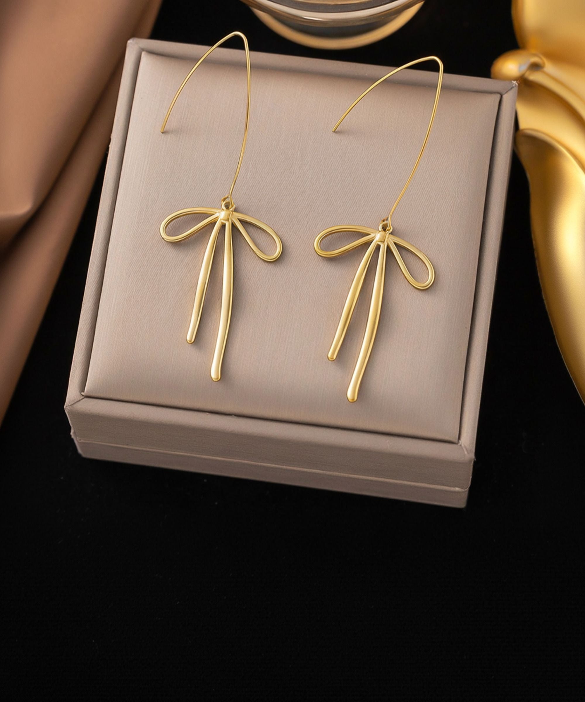 MYKI Gold Plated Ribbon Bow Long Drop Earrings | Anti Tarnish Finish (MKERCH1055G-SSYI)