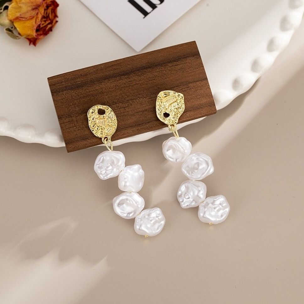 MYKI Gold & White Pearl Cluster Long Korean Dangle Earrings (MKERCH923CP-ANT)