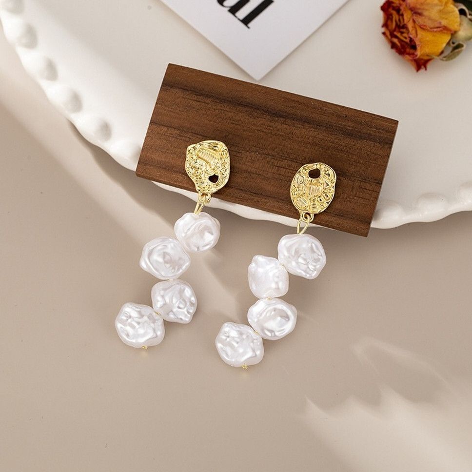 MYKI Gold & White Pearl Cluster Long Korean Dangle Earrings (MKERCH923CP-ANT)
